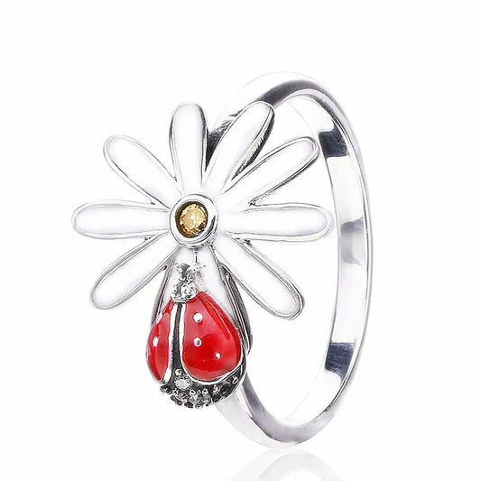 6 / YYR137-Silver New Sterling Silver Jewelry Flower Ladybug Chrysanthemum Ring Female Personality Ring