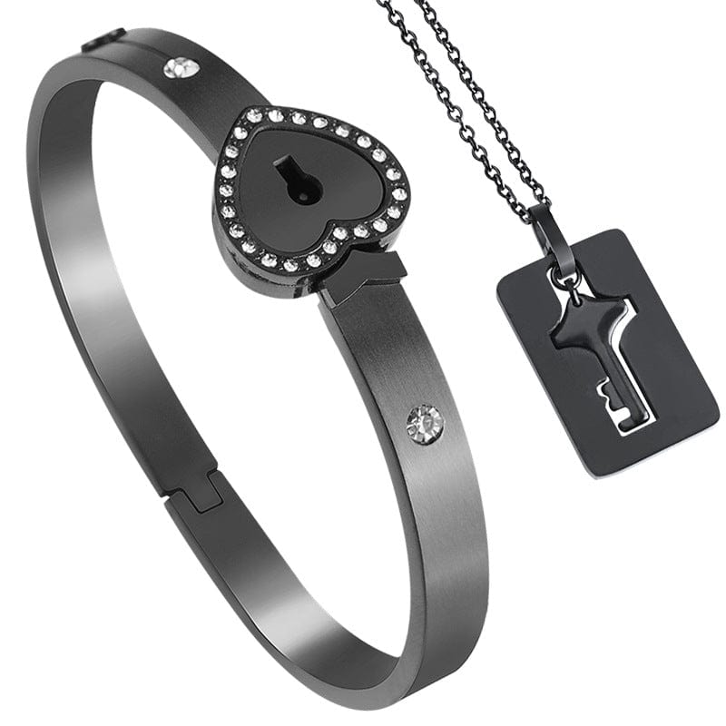 6cm / 4 Black Fashion Silver Plated Heart Locks Couple Concentric Lock Key Jewelry Wholesale Stainless Steel Keychain Bangle Bracelet