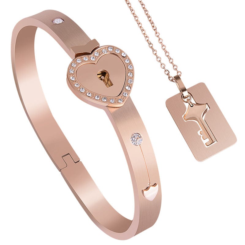 6cm / 4 Rose gold Fashion Silver Plated Heart Locks Couple Concentric Lock Key Jewelry Wholesale Stainless Steel Keychain Bangle Bracelet