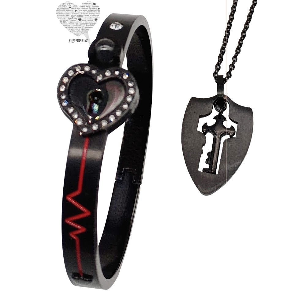 6cm / 5 Black Fashion Silver Plated Heart Locks Couple Concentric Lock Key Jewelry Wholesale Stainless Steel Keychain Bangle Bracelet