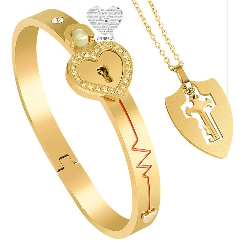 6cm / 5 Gold Fashion Silver Plated Heart Locks Couple Concentric Lock Key Jewelry Wholesale Stainless Steel Keychain Bangle Bracelet