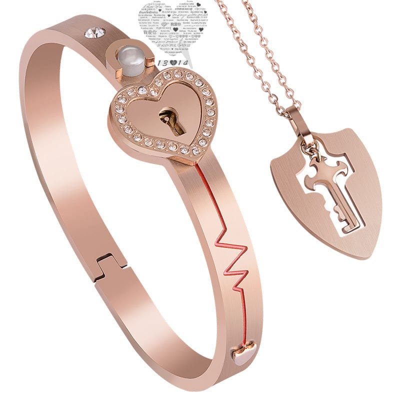 6cm / 5 Rose gold Fashion Silver Plated Heart Locks Couple Concentric Lock Key Jewelry Wholesale Stainless Steel Keychain Bangle Bracelet