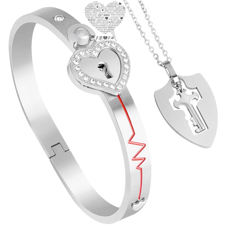 6cm / 5 Silver Fashion Silver Plated Heart Locks Couple Concentric Lock Key Jewelry Wholesale Stainless Steel Keychain Bangle Bracelet