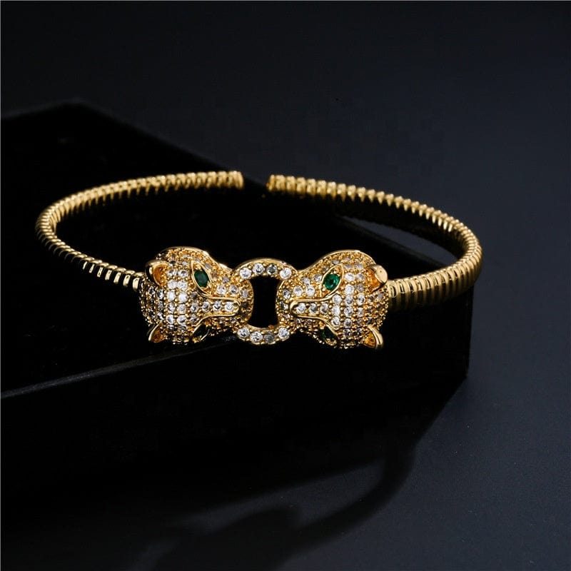 6cm / Gold shanghai Hot sell Women's Fashion Leopard Head 18K Real Gold Plated Micro Paved Zircon Bracelet Opening Adjustable Cuff Bangle