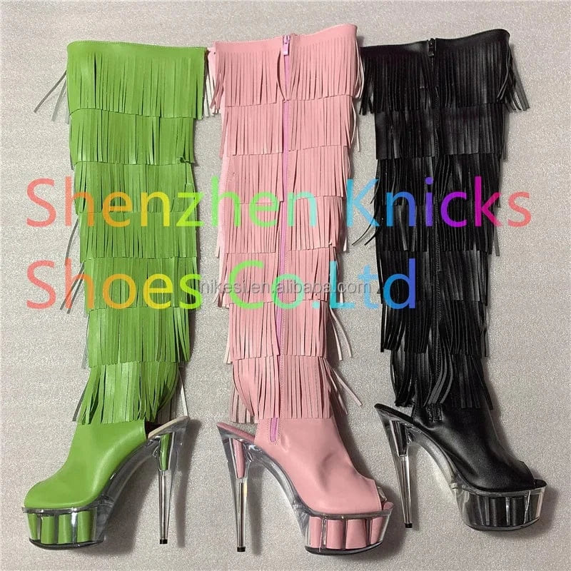 6inch-15CM  Black and white tassel boots super high heel  Leather tassel  boot