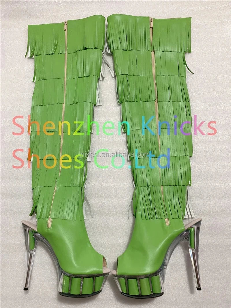 6inch-15CM  Black and white tassel boots super high heel  Leather tassel  boot