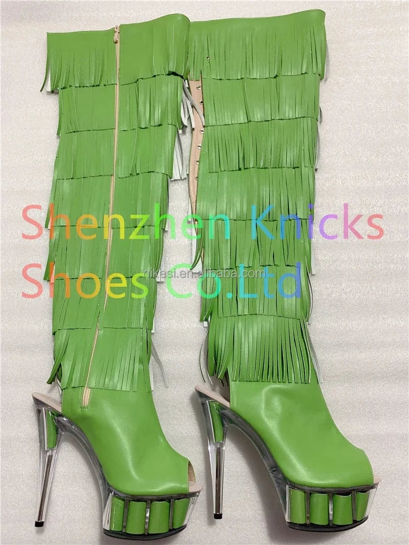 6inch-15CM  Black and white tassel boots super high heel  Leather tassel  boot