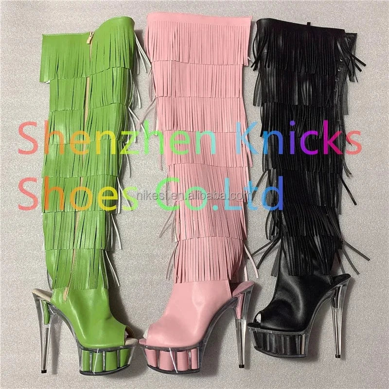 6inch-15CM  Black and white tassel boots super high heel  Leather tassel  boot