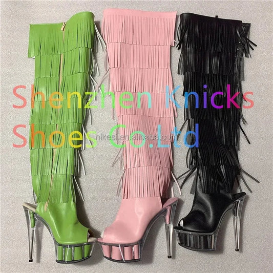6inch-15CM  Black and white tassel boots super high heel  Leather tassel  boot