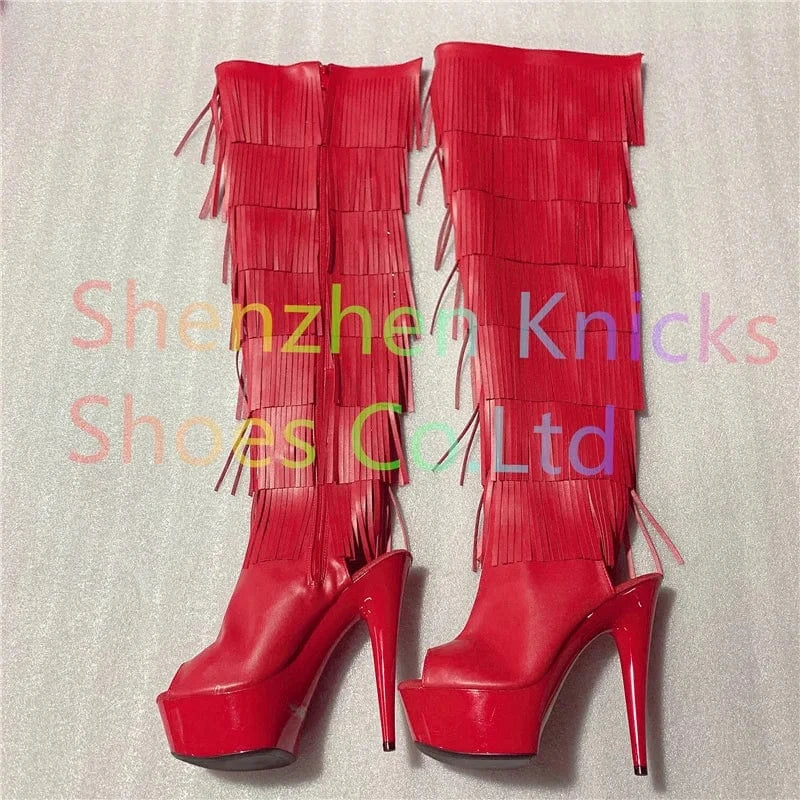 6inch-15CM Black white and red  tassel boots super high heel  Leather material  tassel boot