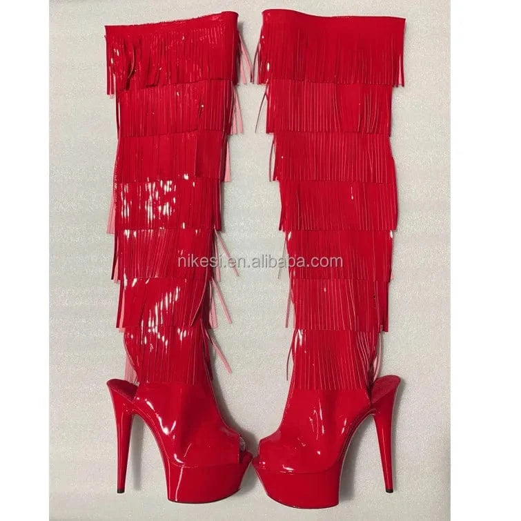6inch-15CM Black white and red  tassel boots super high heel  Leather material  tassel boot