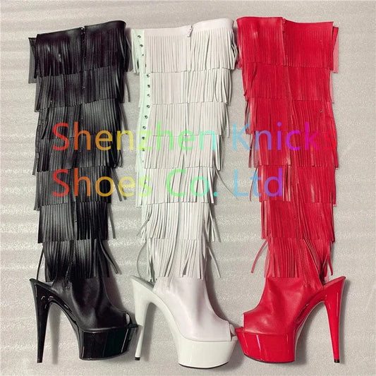 6inch-15CM Black white and red  tassel boots super high heel  Leather material  tassel boot