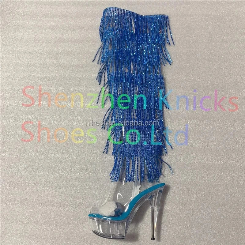 6inch-15CM Crystal shoes Black and red  tassel boots super high heel diamond tassel boot