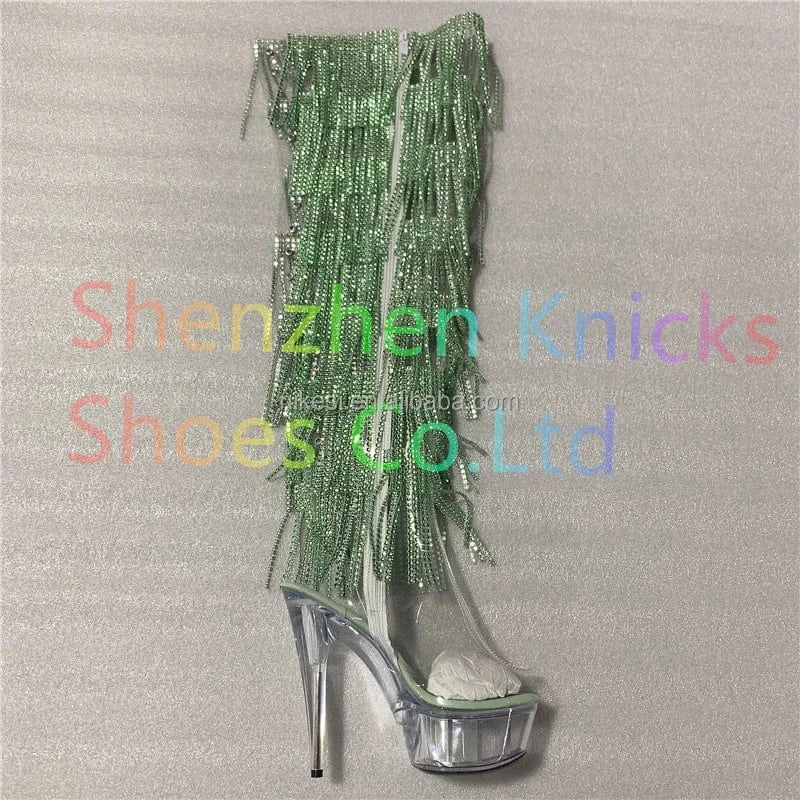 6inch-15CM Crystal shoes Black and red  tassel boots super high heel diamond tassel boot