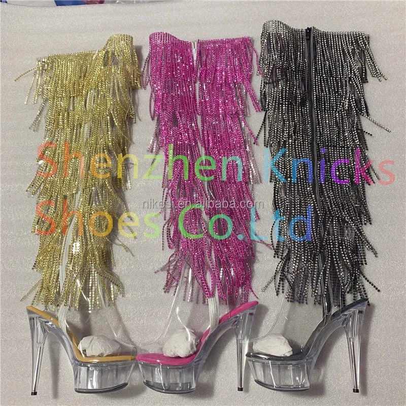 6inch-15CM Crystal shoes Black and red  tassel boots super high heel diamond tassel boot