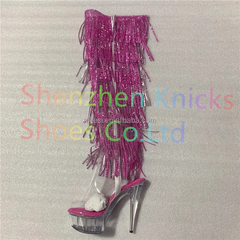 6inch-15CM Crystal shoes Black and red  tassel boots super high heel diamond tassel boot