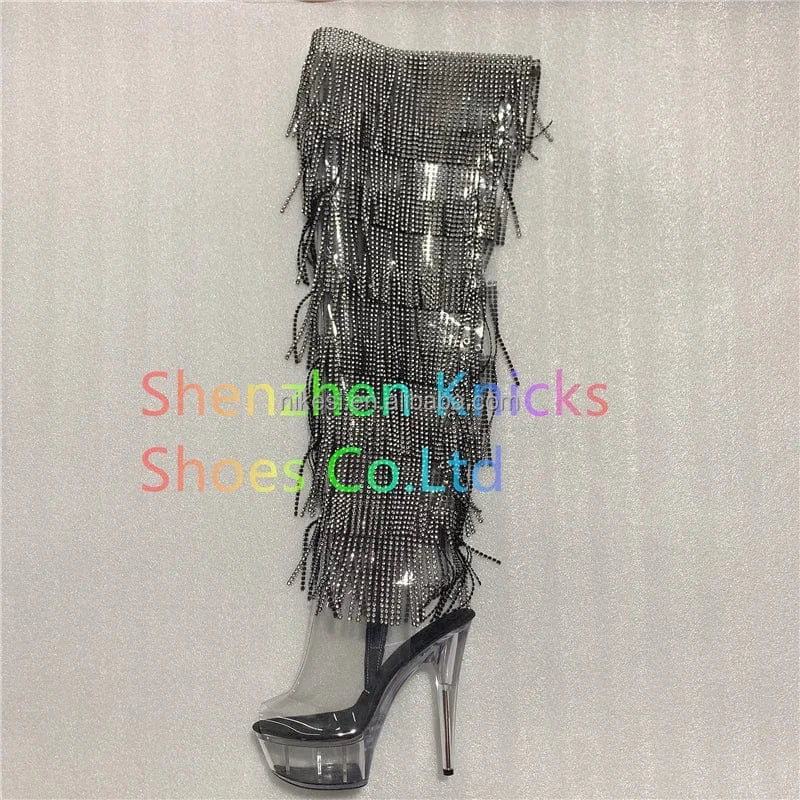 6inch-15CM Crystal shoes Black and red  tassel boots super high heel diamond tassel boot