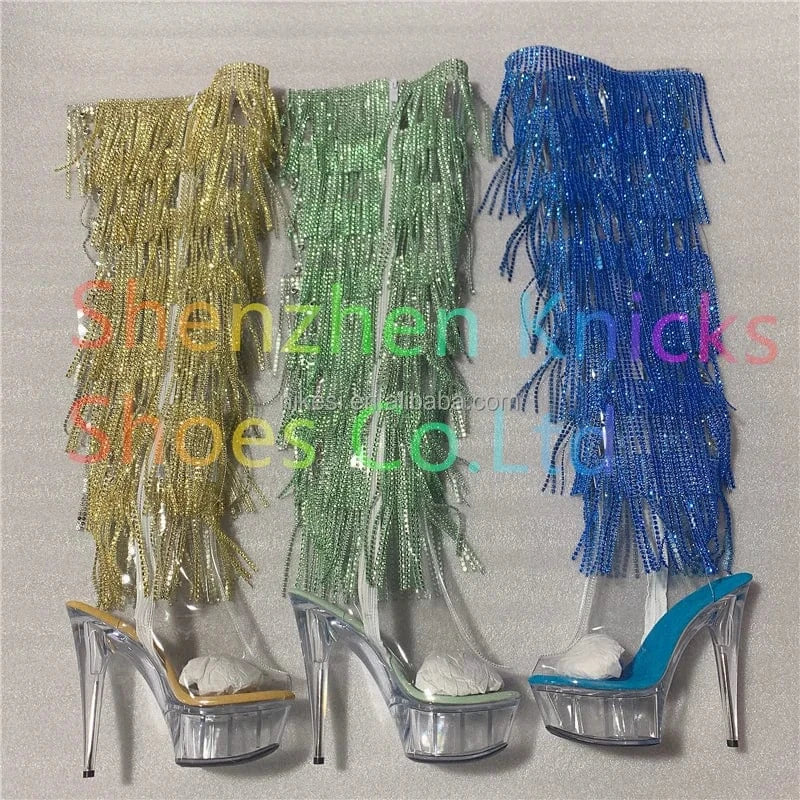 6inch-15CM Crystal shoes Black and red  tassel boots super high heel diamond tassel boot