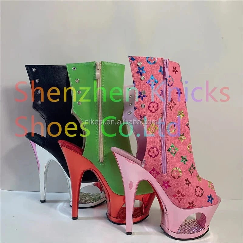6inch-15CM Heel Back Lace-Up Ankle Boot Featuring the Entire Platform Embellished with Diamond- Shaped AB Rhinestones