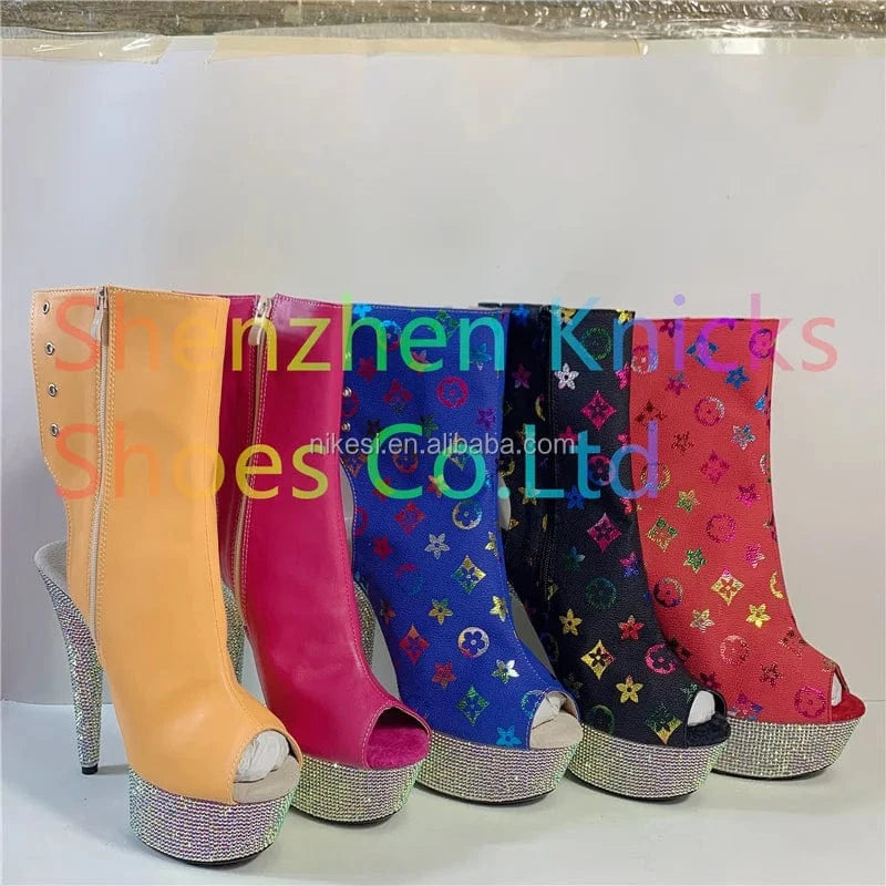 6inch-15CM Heel Back Lace-Up Ankle Boot Featuring the Entire Platform Embellished with Diamond- Shaped AB Rhinestones
