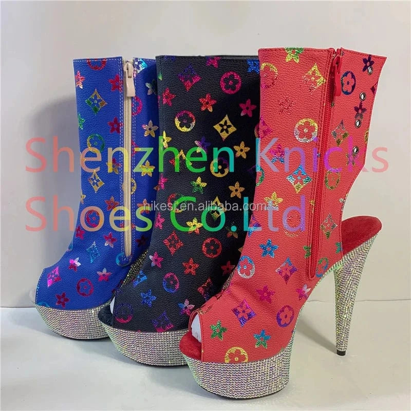 6inch-15CM Heel Back Lace-Up Ankle Boot Featuring the Entire Platform Embellished with Diamond- Shaped AB Rhinestones