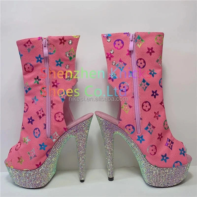 6inch-15CM Heel Back Lace-Up Ankle Boot Featuring the Entire Platform Embellished with Diamond- Shaped AB Rhinestones