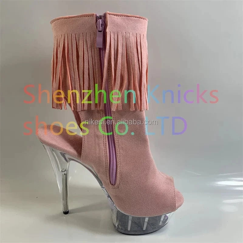 6inch-15cm Sexy nightclub pole dance performance low ankle boots fringe toe ultra high heel with crystal waterproof platform