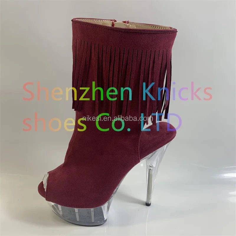 6inch-15cm Sexy nightclub pole dance performance low ankle boots fringe toe ultra high heel with crystal waterproof platform