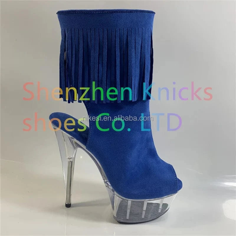 6inch-15cm Sexy nightclub pole dance performance low ankle boots fringe toe ultra high heel with crystal waterproof platform