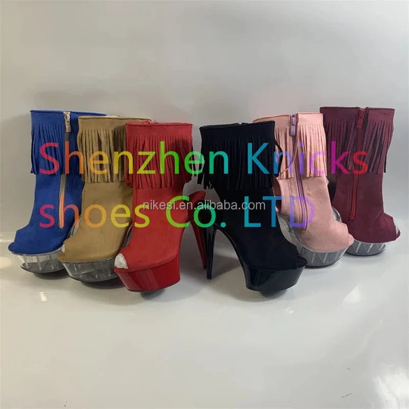 6inch-15cm Sexy nightclub pole dance performance low ankle boots fringe toe ultra high heel with crystal waterproof platform