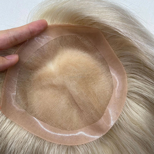 6x6 ice white silky straight 100% European virgin human hair 16inch 130% silk mono topper for white women