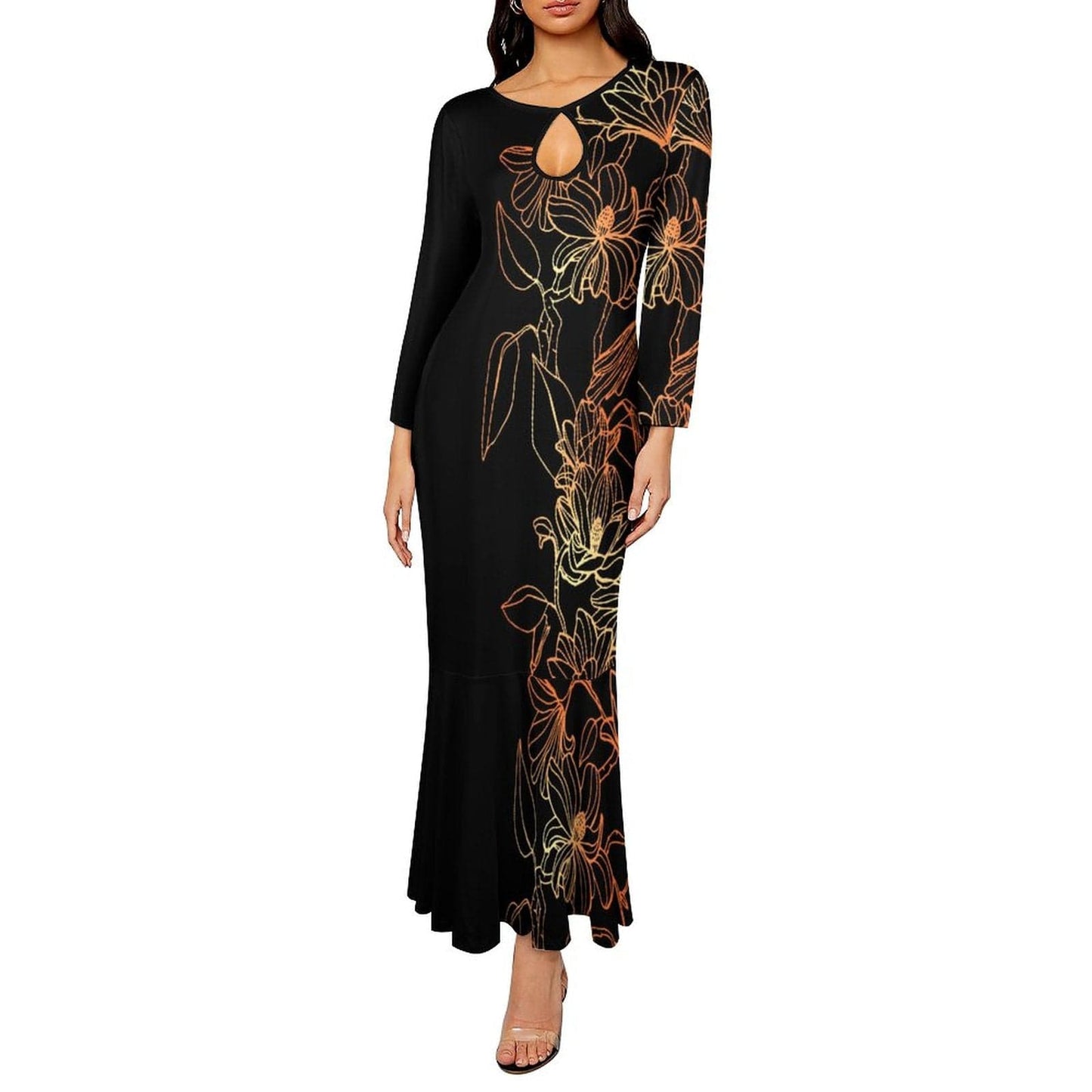 6XL / 00324F1 new arrivals 2023 fall new long sleeve slim fit elegant women dress polynesian hawaiian floral maxi mermaid dress