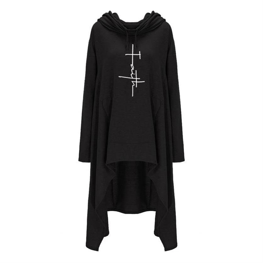6XL / black Faith Letters Print Long Irregular Hoodies For Women Sweatshirt Femmes Tops Pullovers Women Corduroy Female Printing Loose And
