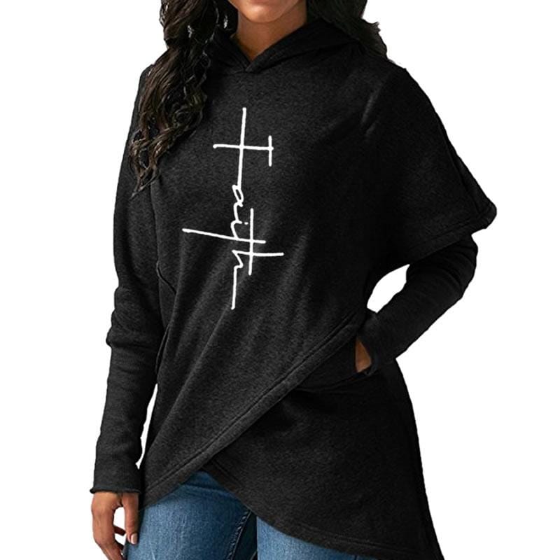 6XL / black faith print Warm cross hot sale loose Women Hoodies sweatshirt irregular hem design long sleeve women sweatshirt