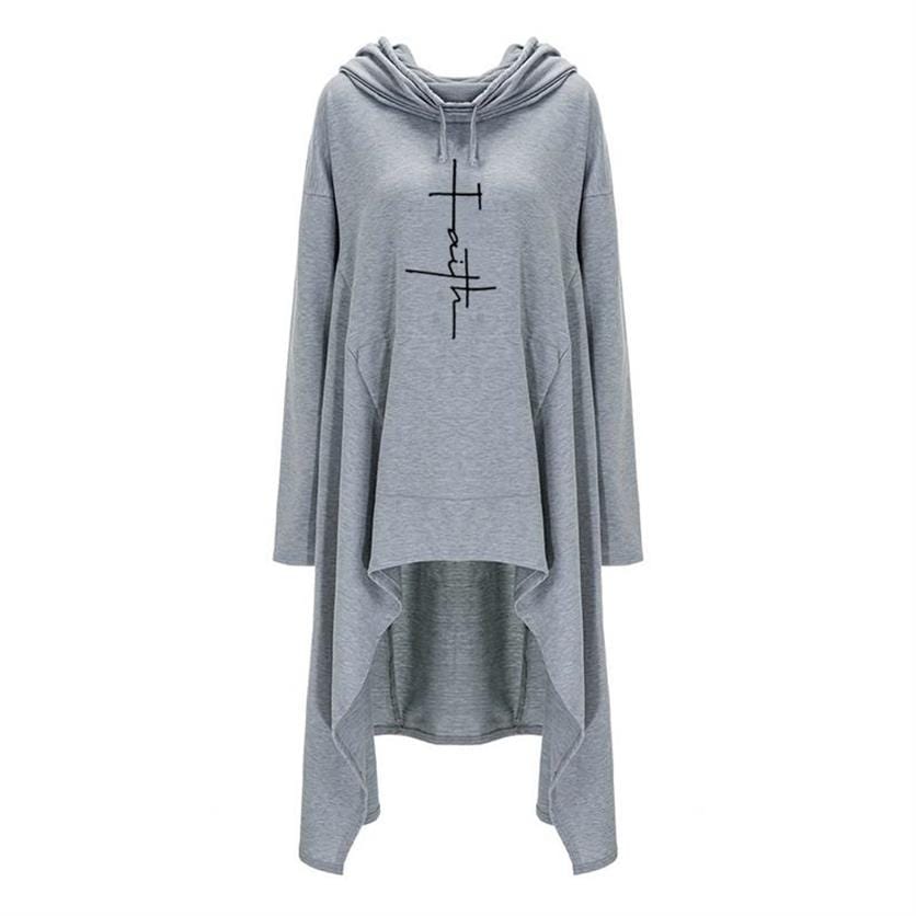 6XL / Gray Faith Letters Print Long Irregular Hoodies For Women Sweatshirt Femmes Tops Pullovers Women Corduroy Female Printing Loose And