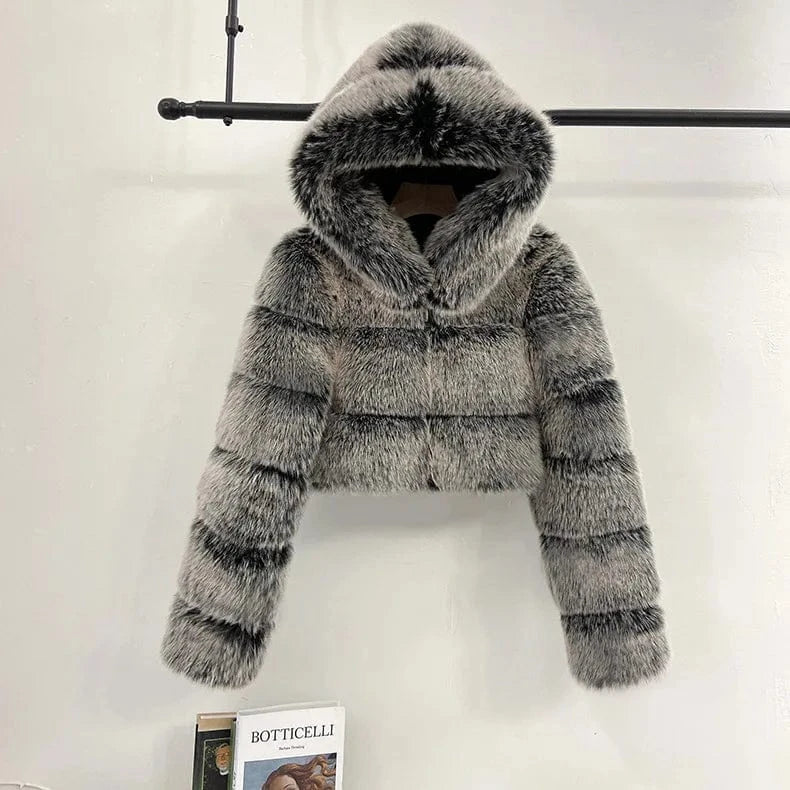 6xl / Gray Women Fur Coat Hooded Crop Solid Thick zipper Fashion Women Short Length Regular From S-XXXXXXXXL  8XL  Plus Size  Woman Jacket