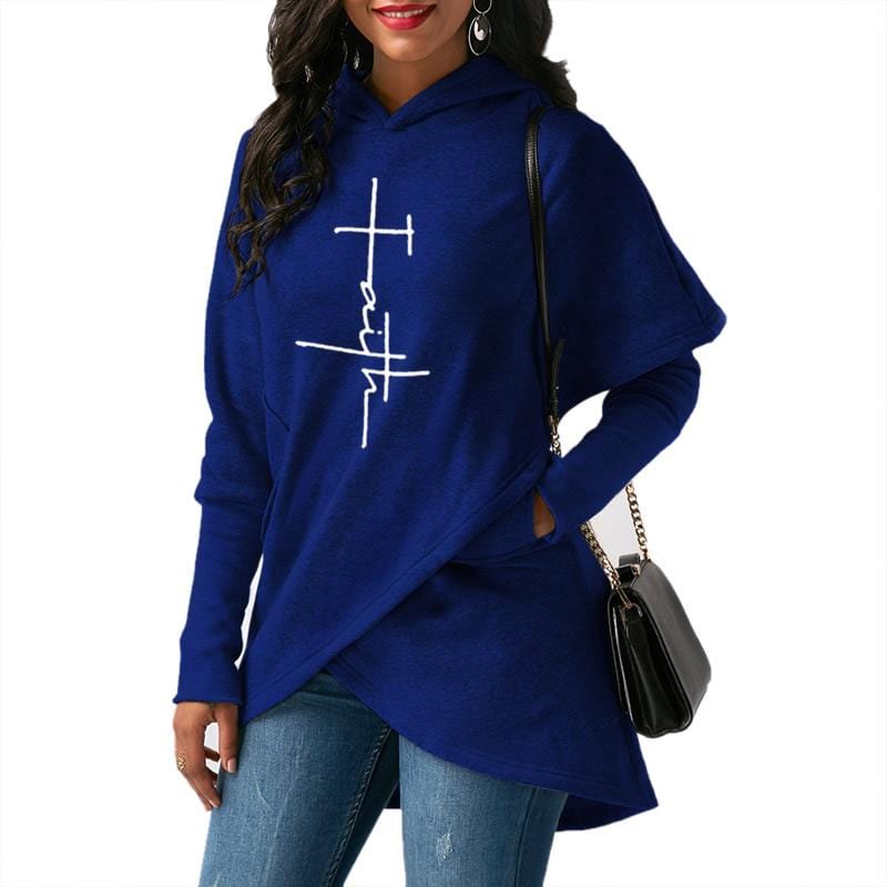 6XL / NAVY faith print Warm cross hot sale loose Women Hoodies sweatshirt irregular hem design long sleeve women sweatshirt