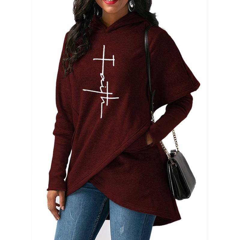 6XL / Red faith print Warm cross hot sale loose Women Hoodies sweatshirt irregular hem design long sleeve women sweatshirt