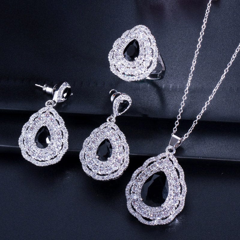 7 / Black-T0014-Hei 3 layers Cubic Zircon Paved Purple Big Water Drop Silver Color Women Wedding Engagement Jewelry Set of Earrings Necklace Ring
