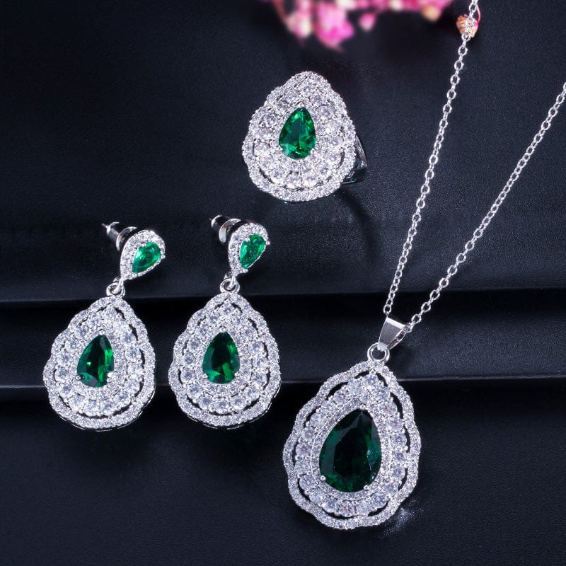 7 / Green-T0014-LVVV 3 layers Cubic Zircon Paved Purple Big Water Drop Silver Color Women Wedding Engagement Jewelry Set of Earrings Necklace Ring