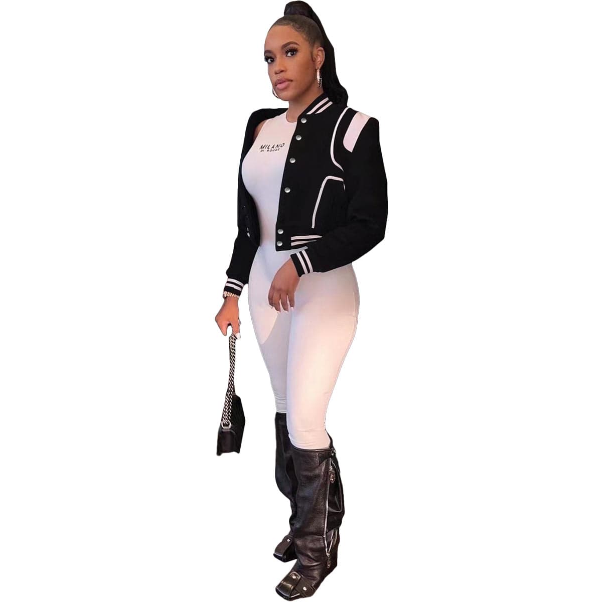 77629 Fashion autumn new baseball color matching double striped printed coat short casual sports trend coat