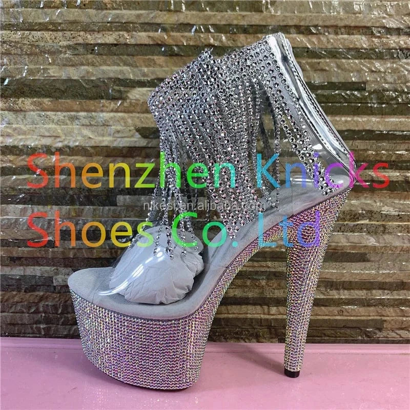 7inch-17CM Crystal shoes ankle tassel boots super high heel diamond tassel boot diamond sole