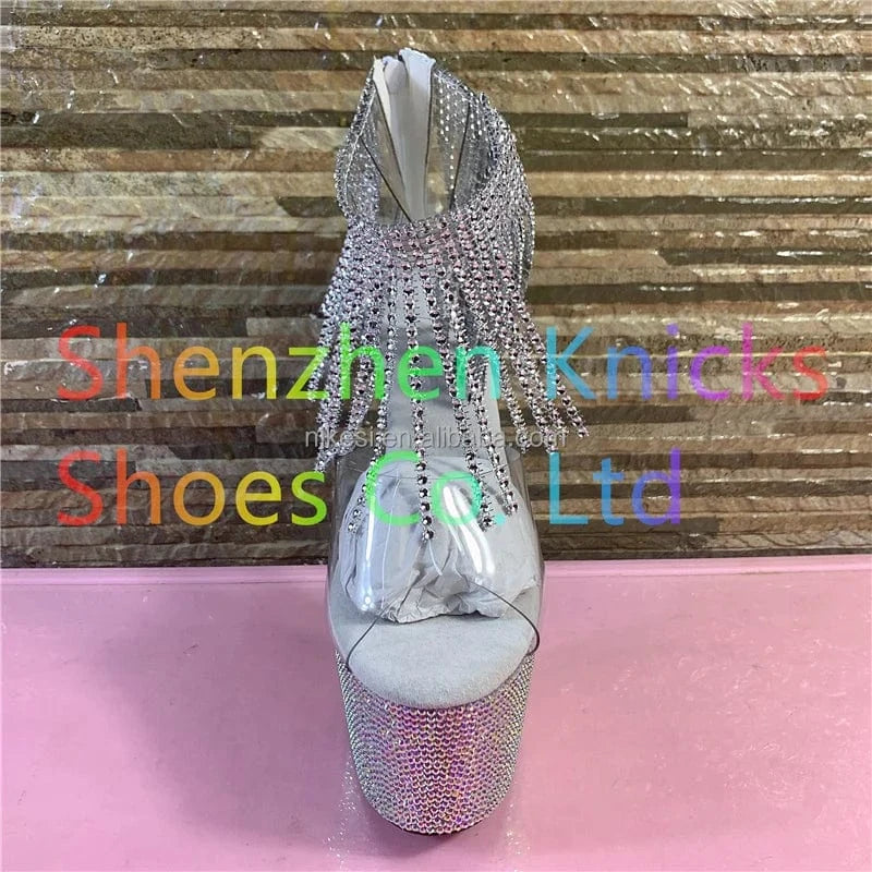 7inch-17CM Crystal shoes ankle tassel boots super high heel diamond tassel boot diamond sole