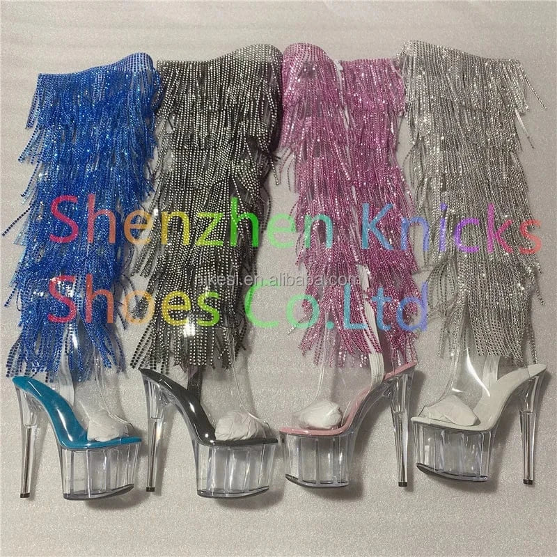 7inch-17CM Crystal shoes Black and red  tassel boots super high heel diamond tassel boot