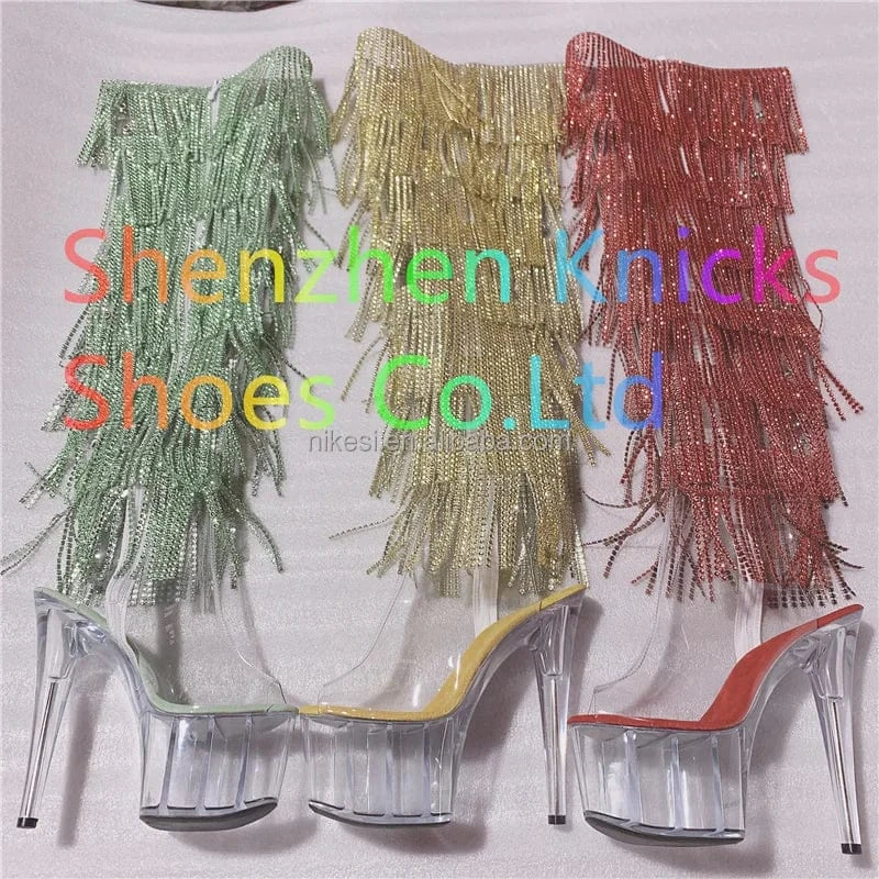 7inch-17CM Crystal shoes Black and red  tassel boots super high heel diamond tassel boot