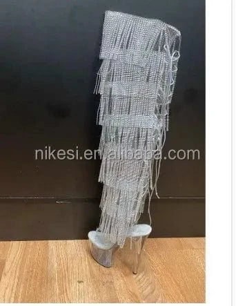 7inch-17CM Crystal shoes Black and red  tassel boots super high heel diamond tassel boot