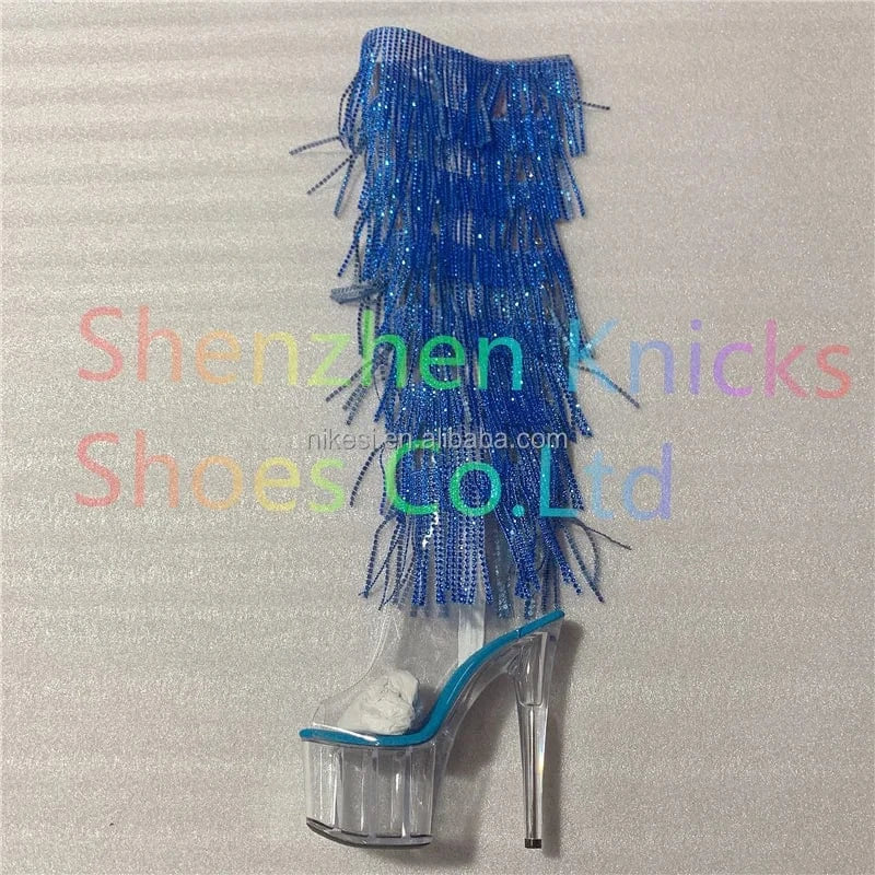 7inch-17CM Crystal shoes Black and red  tassel boots super high heel diamond tassel boot