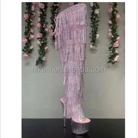 7inch-17CM Crystal shoes Black and red  tassel boots super high heel diamond tassel boot