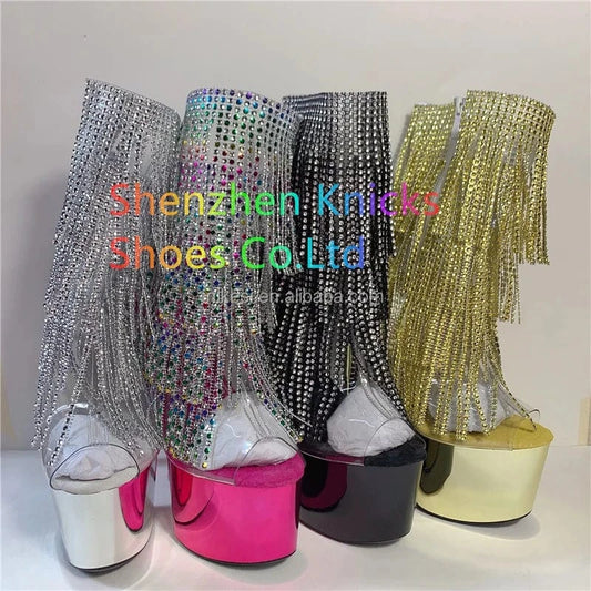7inch-17cm sexy tassel autumn/winter thin heel high heel back lace-up steel pipe dance shoes Candy rainbow tassel