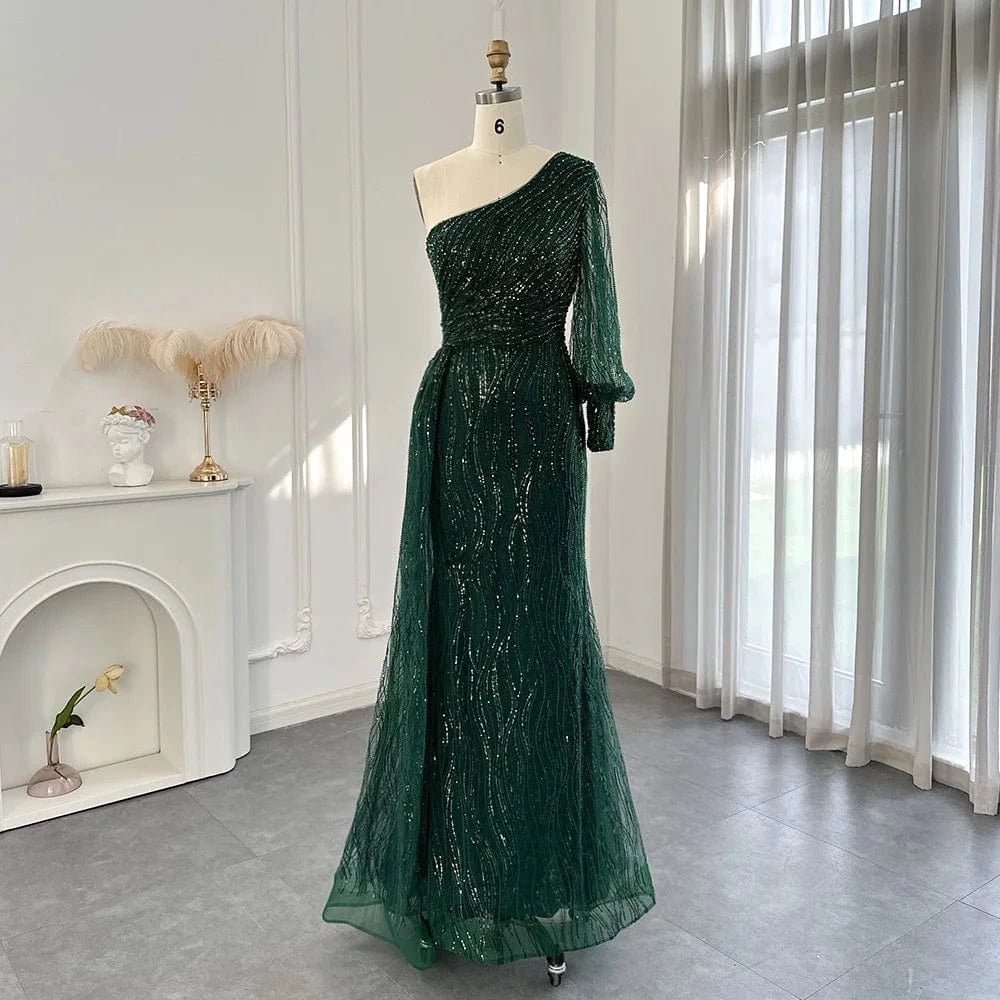 8 / 3 Scz123 Elegant One Shoulder Pink Evening Dress With Overskirt Emerald Green Arabic Mermaid Blue Wedding Party Gowns